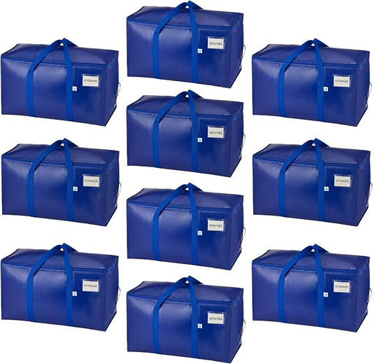 VENO 10 Pack Heavy Duty Moving Bags, 90L Extra Large Moving Boxes Alternative, 50lbs Load,Wraparound Handles,Zippers & Tag,Packing Supplies for College Dorm Essentials, Clothes Storage(Blue)