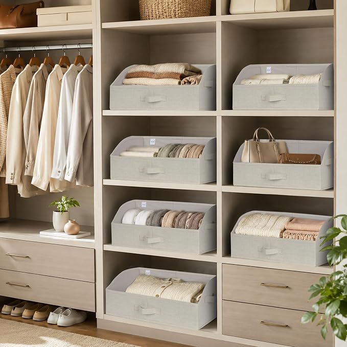 WUIKE Trapezoid Storage Bins for Closet Organizers and Storage, Fabric Closet Bins with Handles, Foldable Storage Baskets for Clothes, Purse, Blanket, Line Beige, Extra Large, 3-Pack