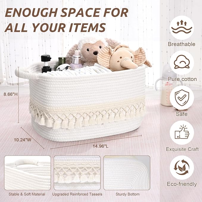 3 Pack Storage Basket for Shelves, Boho Cotton Rope Storage Bins with Heavy Tassel, Shelf Baskets Large Woven Baskets for Organizing, Cube Organizer Bins, Baby Laundry Basket for Clothes, Toys, Pets