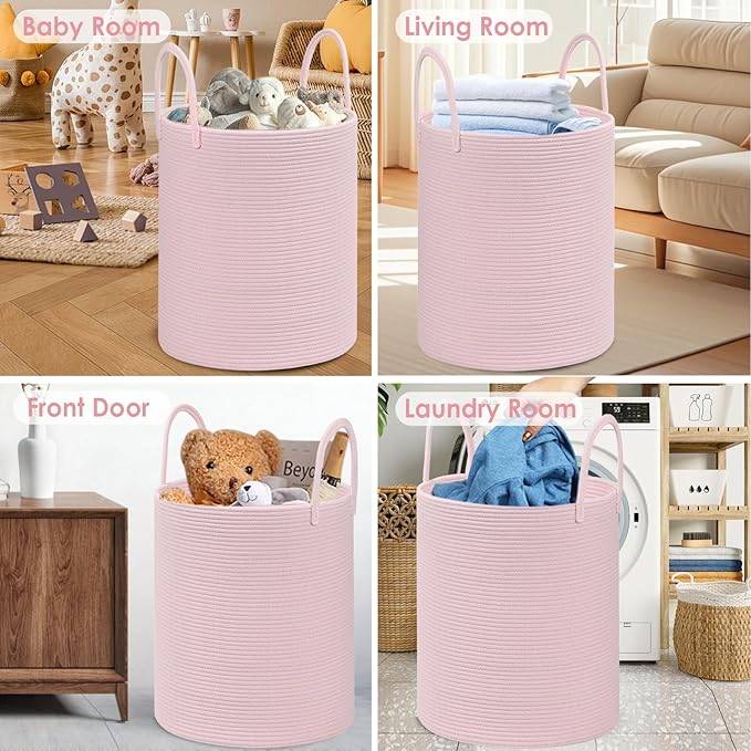 Large Woven Laundry Basket Hamper,100L Cotton Rope Storage Bin for Blankets,Toys and Clothes,Decorative Tall Nursery Hamper for Living Room,Baby Nursery,Bathroom and Bedroom,(Pink, XX Large)