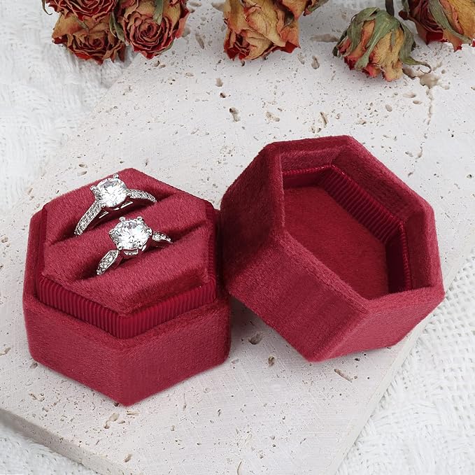 DesignSter Hexagon Velvet Ring Box - Premium Gorgeous Vintage Double Ring Display Holder with Detachable Lid for Proposal, Engagement, Wedding, Ceremony(Deep red)