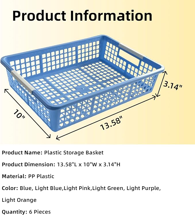 6 Pack Plastic Turn in Paper Trays for Classroom, Colorful Storage Bin Basket Organizers for School Supplies, Classroom Organization and Storage Tray Holds 4A Paper (Mixed Color)