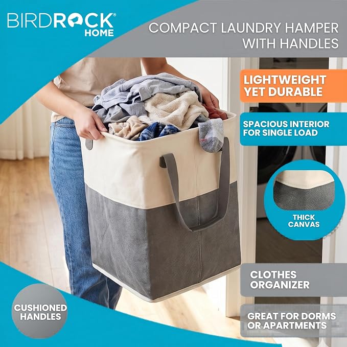 BirdRock Home Square Cloth Laundry Hamper with Handles - Dirty Clothes Sorter - Easy Storage - Foldable - Grey and White Canvas