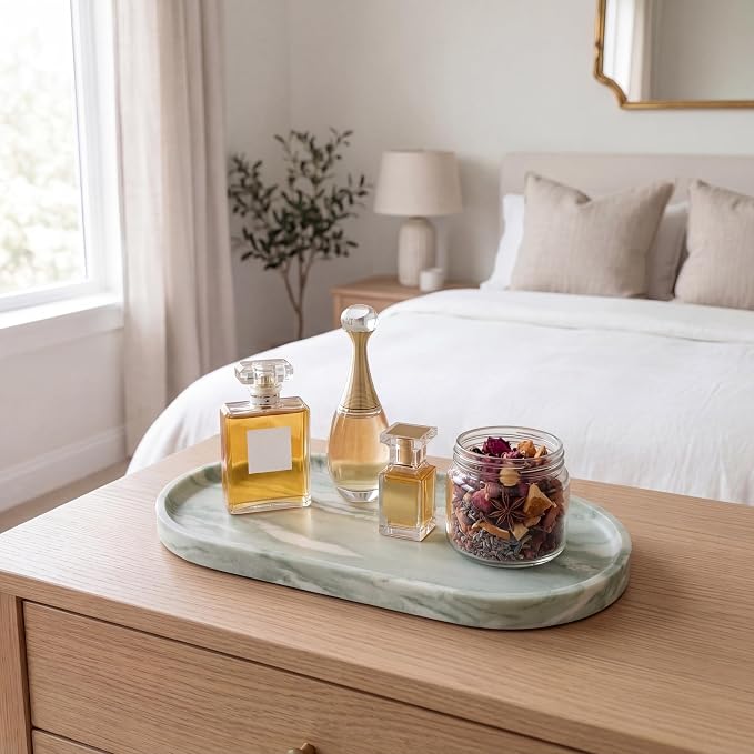 YKAJO Botanical Green Oval Marble Tray, 11.8x5.9 Vanity Perfume Organizer | Honed natural stone; jewelry & trinket dish, ring & key holder, soap & candle catchall; bath counter, dresser, coffee table