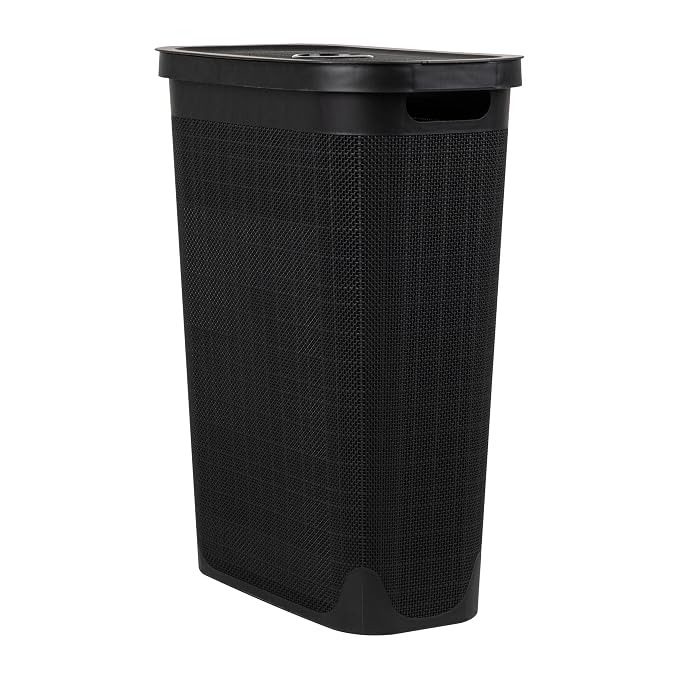Mind Reader Slim Laundry Hamper with Lid, 40L Clothes Basket, Linen Design, Plastic, Black