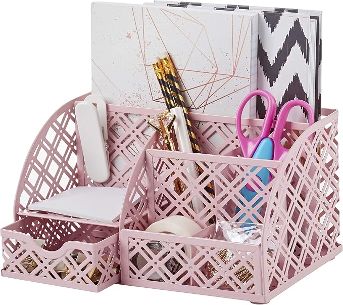 Exerz Desk Organizer Light Pink Office Desk Accessories Supplies Office Storage Desktop Pencil Pen Holder with Drawer Home Workspace