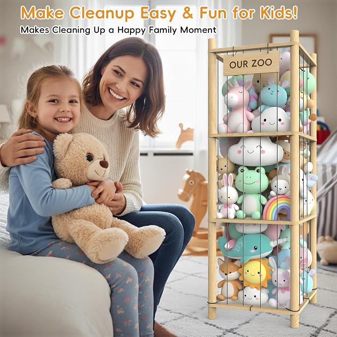 Stuffed Animal Storage & Organizer, Wooden Eco-Friendly Toy Holder with Elastic Ropes & DetachableBag, Fun Interactive Plush Toy Storage, Easy Assembly Durable Organizer for Nursery, Bedroom &Playroom
