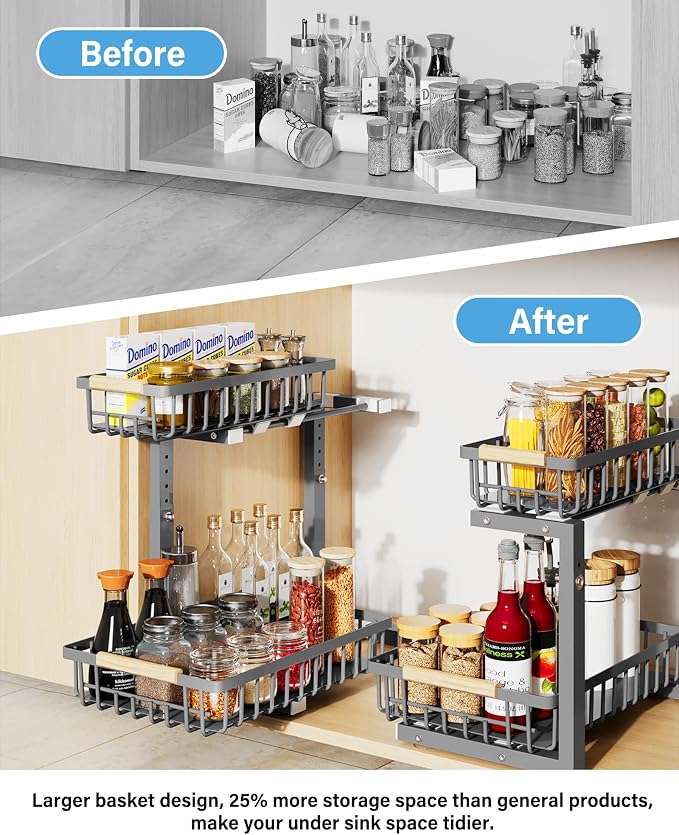 Under Sink Organizer Storage for Families: Pull Out Storage Undersink Organizers Drawer Cabinet - Sliding 2 Tier Rack Metal Organization Under Counter Kitchen Bathroom for Homemakers(Gray,2 Pack)