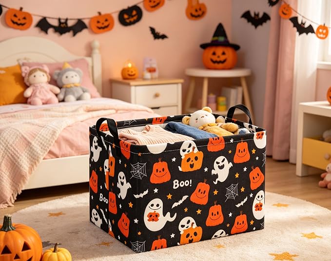Halloween Basket Cute Baskets for Kids Pumpkin Basket Rectangular Storage Bin Organizer Box Room Decor(Black Pumpkin Ghost)
