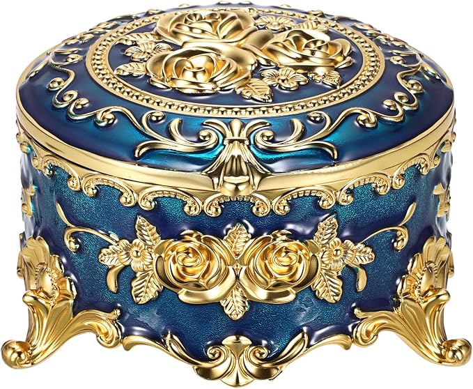 Hipiwe Vintage Jewelry Box Metal Keepsake Box Round Treasure Storage Case for Ring Earrings Necklace Holder Wedding Birthday Gift for Woman, Blue, 5.7" L x 5.1" W x 3.5" H