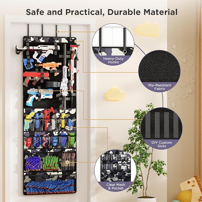 Over the Door Organizer for Toy Guns, Hanging Toy Guns Storage Organizer with Pockets and Slots for Kids Foam Blasters, Darts, Goggles, Toys Storage Door Hanger for Kids Rooms, Game Rooms, Camouflage