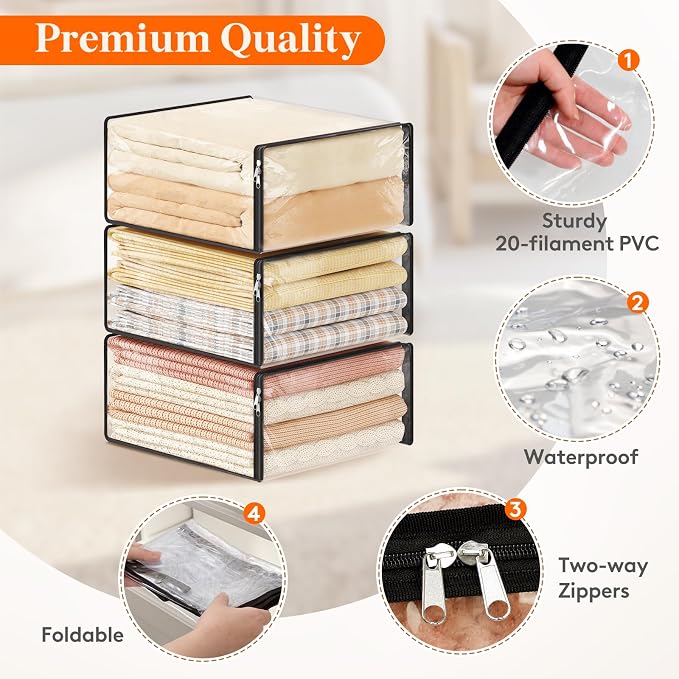 Lifewit 36L Clear Sheet Storage Bags with Zipper 6 Pack, Plastic Sweater Storage Bins for Clothing, Vinyl Foldable Clothes Containers Organizers for Closet, Blankets, Bedding 17.7 x 15.7 x 7.9 Inch