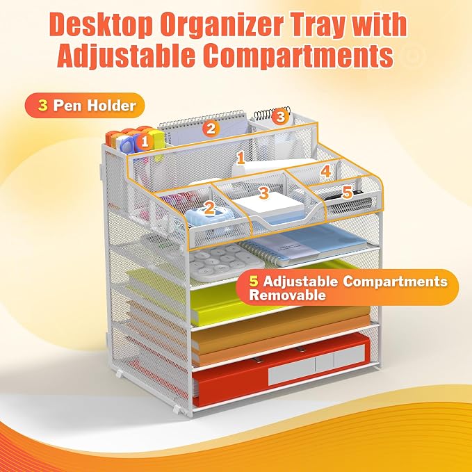 Docnest 5 Tier Mesh Desk Organizer for Paper Office Supplies – Multi-Functional Letter Tray with 5 Adjustable Compartments, 3 Pen Holders, Desktop Storage for Files, Mail, Stationery – White