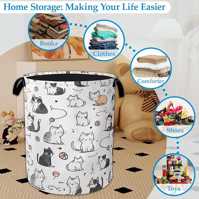 Cartoon Cat Laundry Basket Collapsible Laundry Hamper Oxford Storage Bin for Clothes Storage, Organizer, Books and Sundries 16" X 20.8"