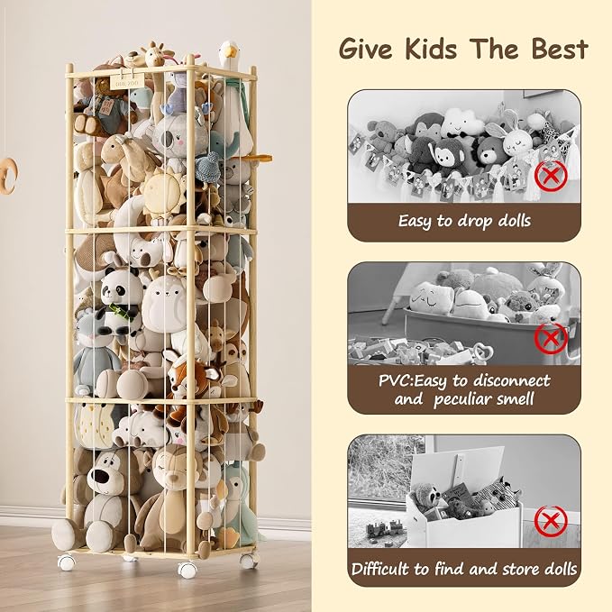Stuffed Animal Storage Zoo with Wheels,Montessori-Inspired Solid Pine Wood Plush Toy Organizer,Extra Tall Stuffed Animal Holder with Thick Elastic Cords for Nursery,Kids Room and Bedroom,Extra Large