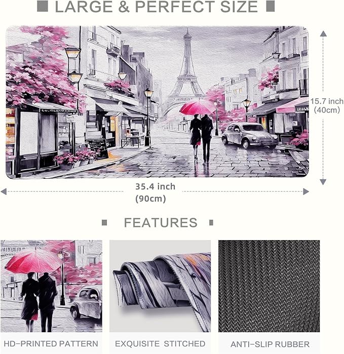 Lokigo Desk Mat for Keyboard and Mouse, Large Mouse Pad, Paris Eiffel Tower Desk Pad Mat, Romantic Gray Pink Large Desk Mat for Girls Women, Pink, 35.4"x15.7"