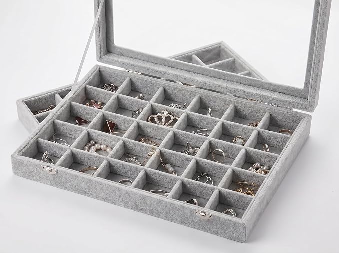Stratalife 30 Grid Earring Organizer: Jewelry Holder Organizer Box with Clear Glass Lid, Velvet Jewelry Storage for Studs, Earrings, Rings, Necklace with Removable Dividers for Dresser, Grey