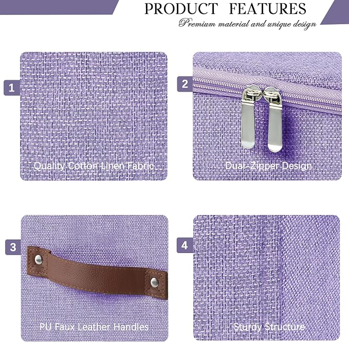 Storage Bins with Zipper Lid Foldable Fabric Lidded Storage Boxes Baskets Cubes Washable Collapsible PU Leather Handle Cotton Linen Shelves Closet Organizer Container(Purple, Small Size)