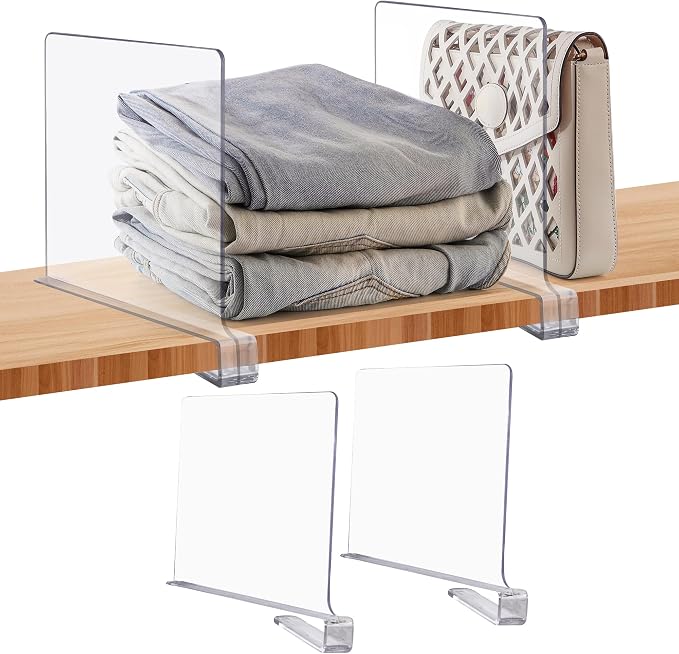 Clear Acrylic Shelf Dividers for Closets Organizer & Storage,2 Pack | Adjustable Vertical Wood Shelf Closet Separators, Keep Clean, for Clothes,Book,Bags, in Bedroom and Kitchen