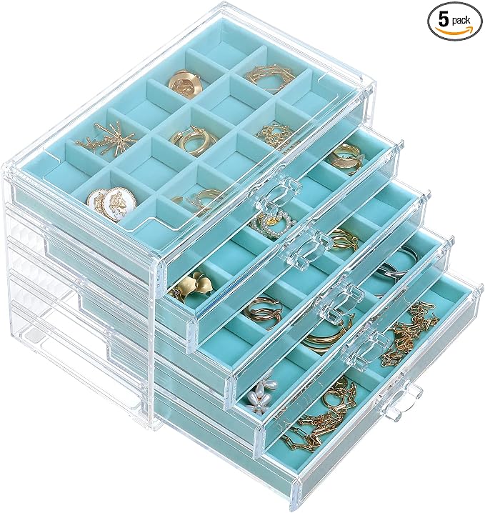 misaya Earring Jewelry Organizer, 5 Drawers Clear Acrylic Jewelry Box for Women, Velvet Earring Display Holder for Earrings Ring Bracelet Necklace, Birthday Present, Turquoise