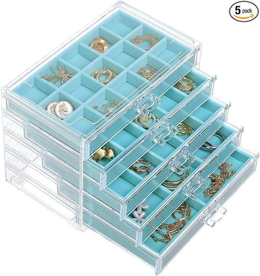 misaya Earring Jewelry Organizer, 5 Drawers Clear Acrylic Jewelry Box for Women, Velvet Earring Display Holder for Earrings Ring Bracelet Necklace, Birthday Present, Turquoise