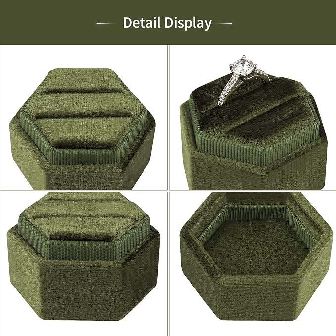 DesignSter Hexagon Velvet Ring Box - Premium Gorgeous Vintage Double Ring Display Holder with Detachable Lid for Proposal, Engagement, Wedding, Ceremony(Olive green)