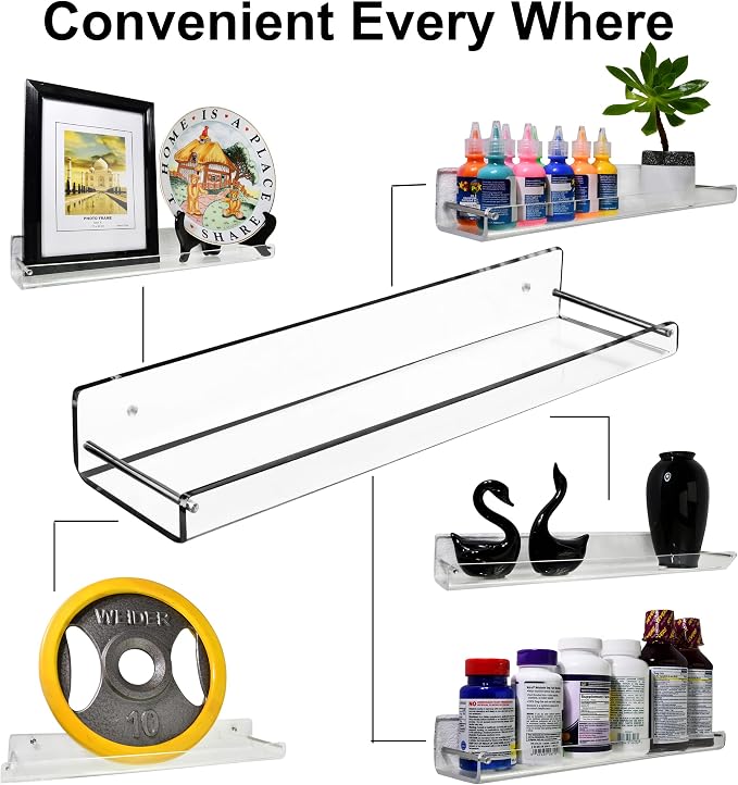 AMT 2 Pack Acrylic Bathroom Shelves 15 Inch Clear Floating Wall Mounted Storage Bookshelf, Invisible Display for Office, Bedroom, Small Gap for Water to Escape, Free Screws & Drill Bit (Medium)