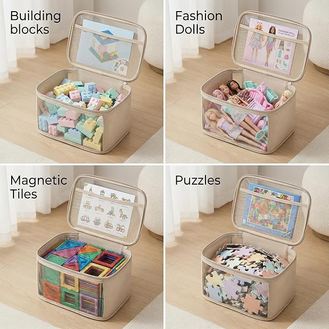 holay Clear Toy Storage Bags with Handle, 4 Pack Playroom Storage Organizer Bins for Kids Toys, Board Games, Busy Bags, and Homeschool Supplies - Transparent PVC with Reinforced Base, Brown, Small