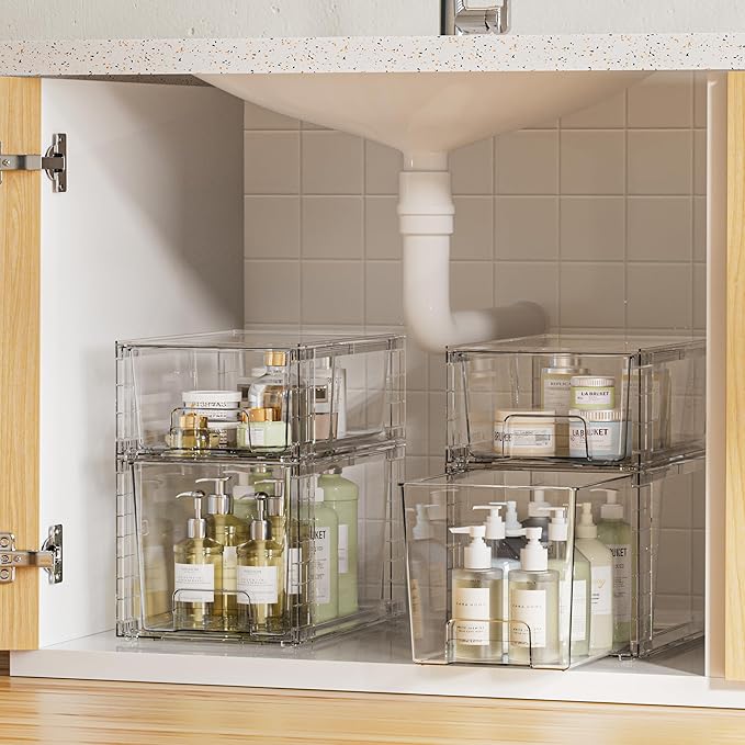 Vtopmart 8 Pack Clear Stackable Storage Drawers,Easy to Assemble Bathroom Organizers and Storage with handles,Plastic Drawers for Kitchen Pantry,Cabinet,Under Sink Organization