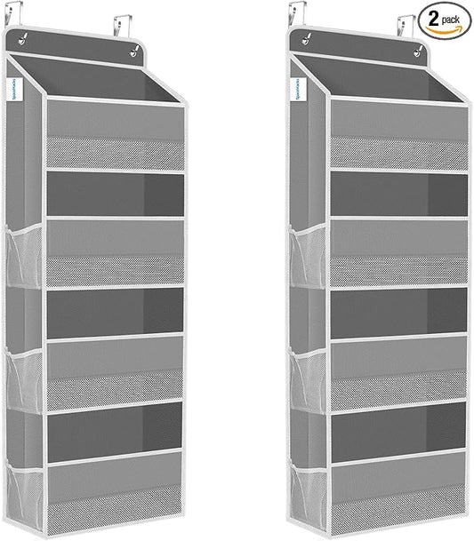 SpaceHacks 2 Pack Over The Door Organizer, Hanging Storage Organizer with Clear Window, 40lb Ultra Sturdy Large Capacity Room Organizer for Pantry Laundry Bathroom Nursery Closet (Grey)