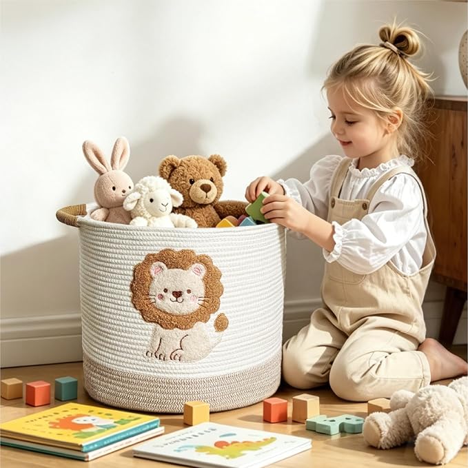 Cute Nursery Bin, Baby Toy Organizer (13.8"x13.8"), Storage Basket for Organizing, Woven Rope Basket for Shelves, Cute Baskets with Handle for Nursery, Playroom (Lion, Large)