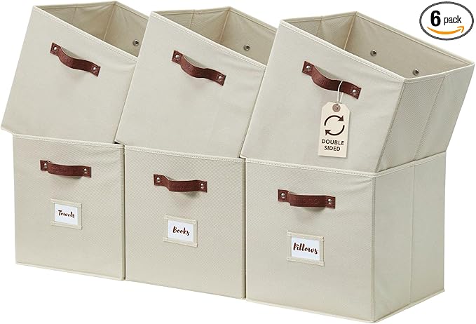 DECOMOMO Storage Bins, Cube Storage Bin with Labels | 13" x 13" x 13" Fabric Storage Cubes for Shelves (6pcs, Beige)