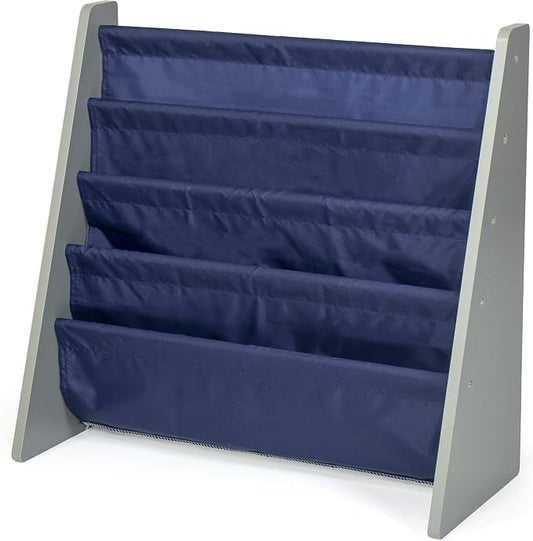 Humble Crew Kids Bookshelf, 4-Tier Front-Facing Book Display Organizer, Montessori Toddler Bookcase for Playroom, Bedroom & Reading Corner, Grey Wood/Navy