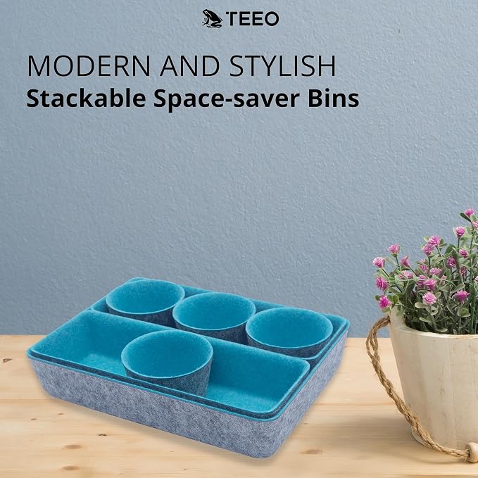 Teeo - Desk Organizer Drawer - Makeup Drawer Organizer Trays - Bathroom Drawer Organizer - Small Desk Organizer - Home Office Cosmetic Bins Dividers Compartment Organization - Pack of 7, Turquoise