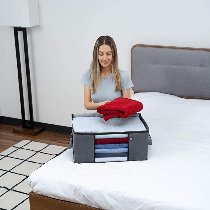 VENO 3 Pack Large Clothes Storage Bag Organizer with Reinforced Handle, Thick Container Bins for Blankets, Comforters, Bedding, Foldable with Sturdy Zipper, Clear Window, Grey, Reusable (13.3 Gallon)