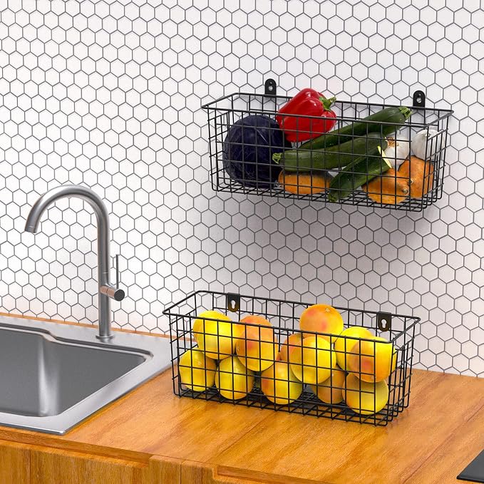 MaraFansie [Extra Large] Wire Basket 2-Pack Hanging Wall Organizer Cabinet Storage Basket Wall Mounted Shelves Rustic Farmhouse Decor for Home Kitchen Bathroom, BLACK