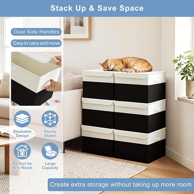 Bagnizer Large 22 Quart Linen Fabric Foldable Storage Bin Cube Organizer Basket with Flip-Top Lid & Handles, Clothes Blanket Box for Home, Office, Closet, Black & White, 4 Pack 14.6 x 9.5 x 9.5