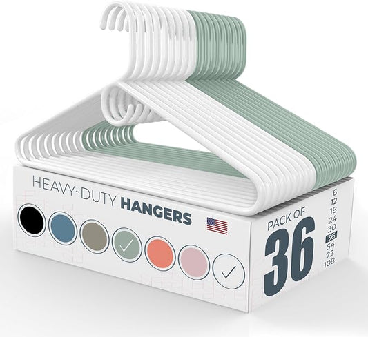 Heavy Duty Clothes Hangers 36 Pack – Made in the USA – 8lb Capacity Plastic Hangers for Adult Clothing – Durable for Pants, Coats, Jackets, or Jeans – White & Mint