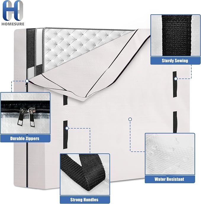 HOMESURE Mattress Bags for Moving and Storage with 8 Handles - Mattress Cover for Moving - Heavy Duty, Strong Zipper Closure, Moving Supplies & Moving Bag - Semi-Transparent, Full