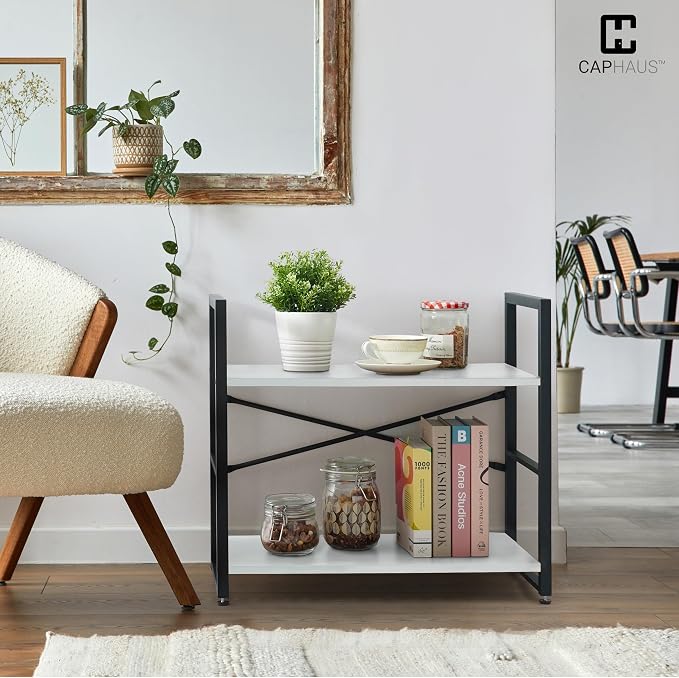 CAPHAUS 3 Tier Small Bookshelf, 24 Inch Width Free Standing Shelf, Bookcase Shelf Storage Organizer, Industrial Book Shelves for Home Office, Living Room, White Shelves & Metal Frame