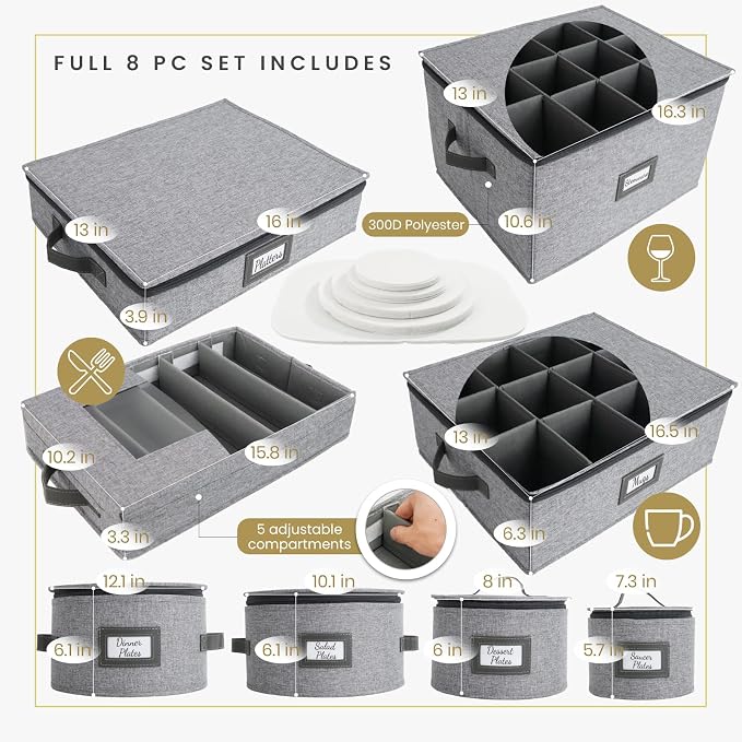 HOMELUX THEORY Plate Storage Box, 2pc 12"x8" Light Gray Hard Shell China Storage Containers, Kitchen Storage Bins With Lids, Heavy Duty Moving Box with Handles for Dishes, Dinner Plate & Dinnerware