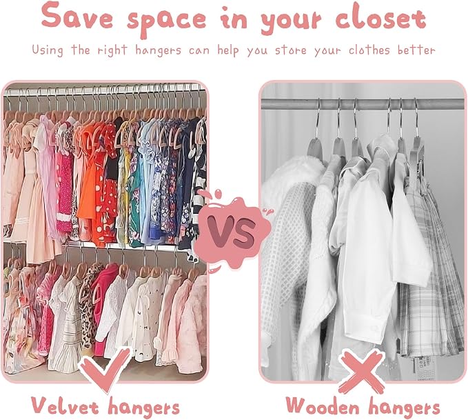 GOSCHE Kids Velvet Hangers (12.8 Inch - 50 Pack), Non-Slip Baby Clothes Hangers for Closet, Ultra Slim Space Saving Children Hanger, 360Degree Swivel-Hook, Infant/Toddler Hangers, Dark Pink