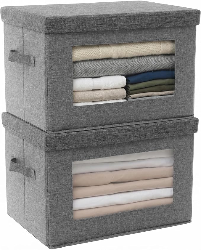 2-Pack Large Storage Bins with Lids & Clear Window, Foldable Fabric Closet Organizer Boxes, Stackable Cube Baskets with Soft Handles for Clothes & Blankets, 17”, Grey
