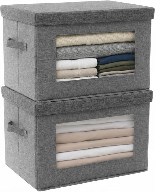 2-Pack Large Storage Bins with Lids & Clear Window, Foldable Fabric Closet Organizer Boxes, Stackable Cube Baskets with Soft Handles for Clothes & Blankets, 17”, Grey