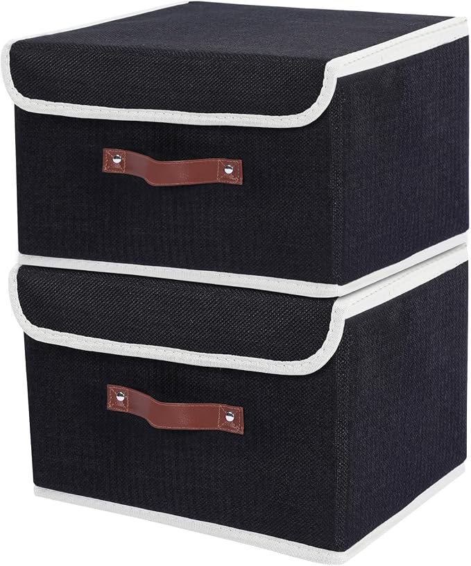 ANMINY 2PCS Storage Bin with Lid Storage Boxes with PU Leather Handles PP Plastic Board Decorative Foldable Lidded Cotton Linen Fabric Home Cubes Baskets Closet Organizer Container - Black, Medium