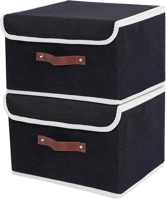 ANMINY 2PCS Storage Bin with Lid Storage Boxes with PU Leather Handles PP Plastic Board Decorative Foldable Lidded Cotton Linen Fabric Home Cubes Baskets Closet Organizer Container - Black, Medium