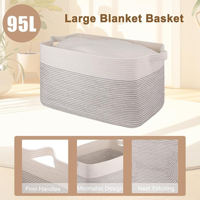 OIAHOMY Extra Large Blanket Basket, 95L Cotton Rope Woven Laundry Basket, Toy Bin for Baby Room, Container for Blanket Storage in Living Room, 24''×17''×14'', Black & White