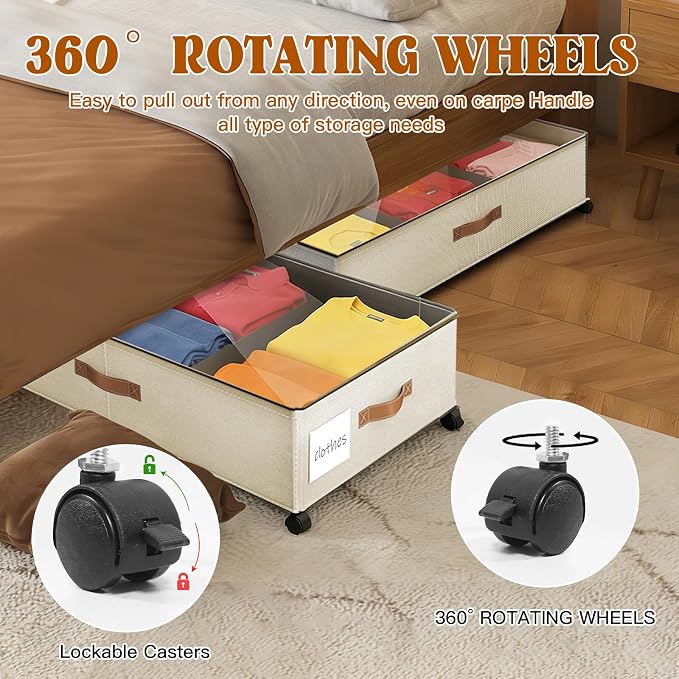 Under Bed Storage with Wheels, Rolling Storage Containers with Clear Lid and Handles for Clothes, Shoes, Blankets, Pillows, Toys, Books, Bags (60L, 30.9 x 16.9 x 6.7in, Beige, 2 Pack)