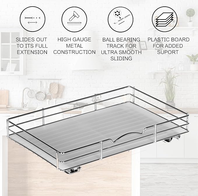 Pull-Out Cabinet Spice Rack Organizer, 16 ⅜"W x 10 ⅜"D x 2 ¾"H | Slim Slide-Out Storage for Spices, Bottles & Jars, Premium Heavy-Duty Steel, Easy Install for Narrow Kitchen Cabinets, Chrome
