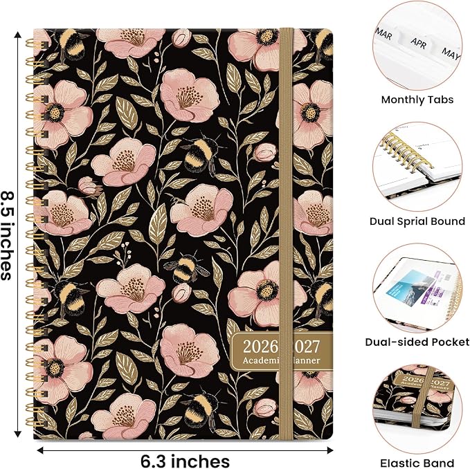 Planner 2026-2027, Hardcover Monthly and Weekly Academic Planner July 2026 - June 2027, Teacher and Student Calendar Agenda Book with Tabs, A5 (6.3" x 8.5"), Ideal for School and Office, Bee Blossom
